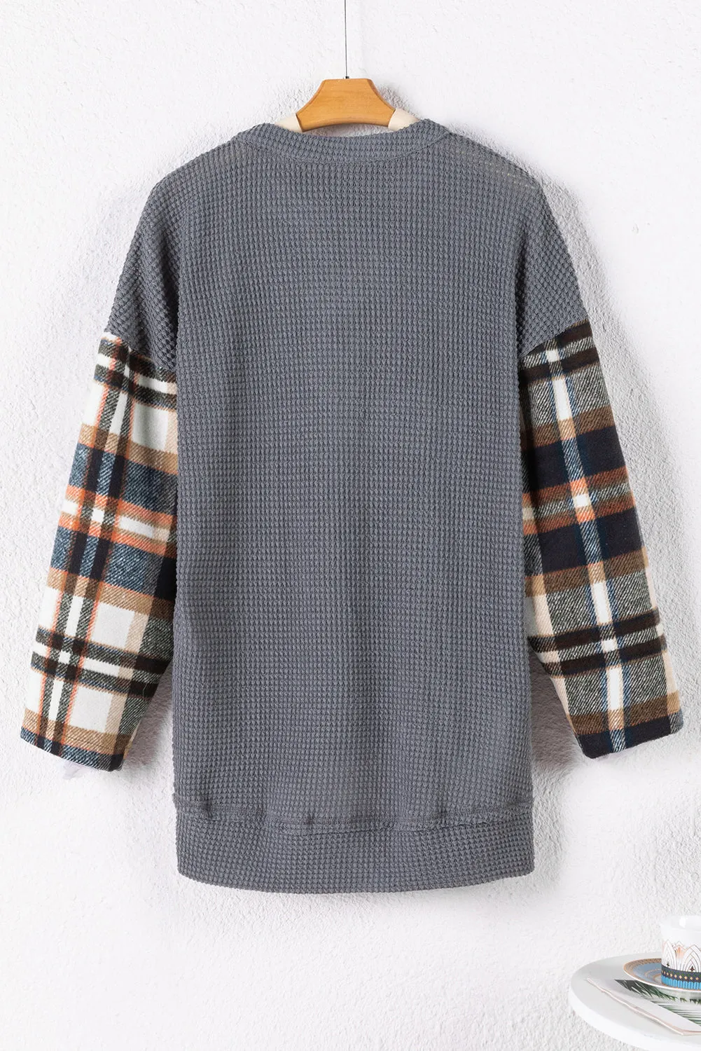 Dark Grey Loose Plaid Patchwork Textured Knit Henley Top