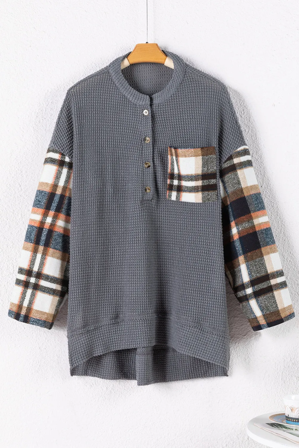 Dark Grey Loose Plaid Patchwork Textured Knit Henley Top