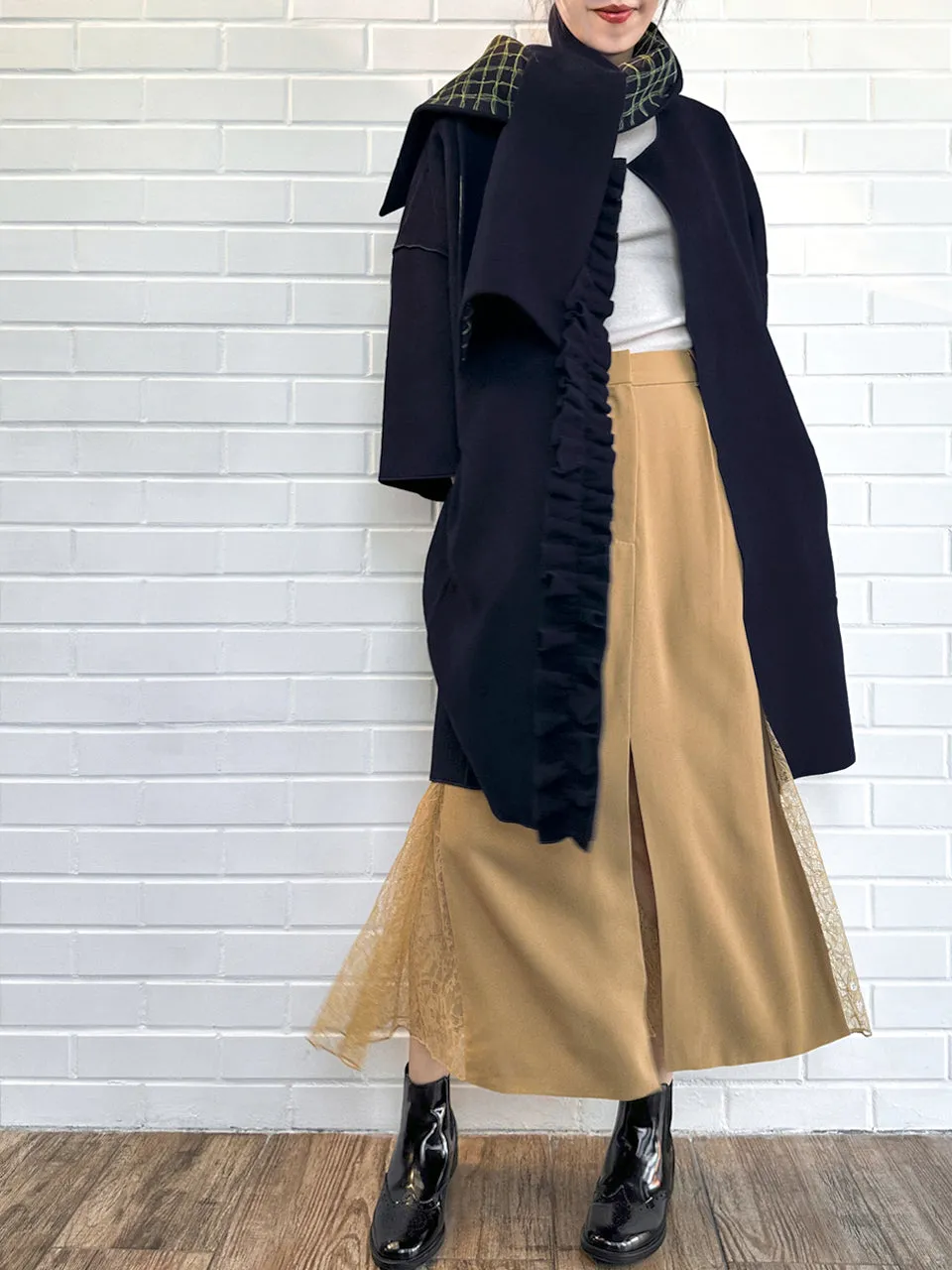 Dark Navy Ruffled Cashmere Luxury Cocoon Coat with Matching Scarf