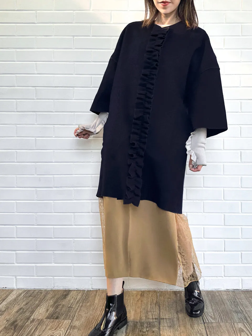 Dark Navy Ruffled Cashmere Luxury Cocoon Coat with Matching Scarf