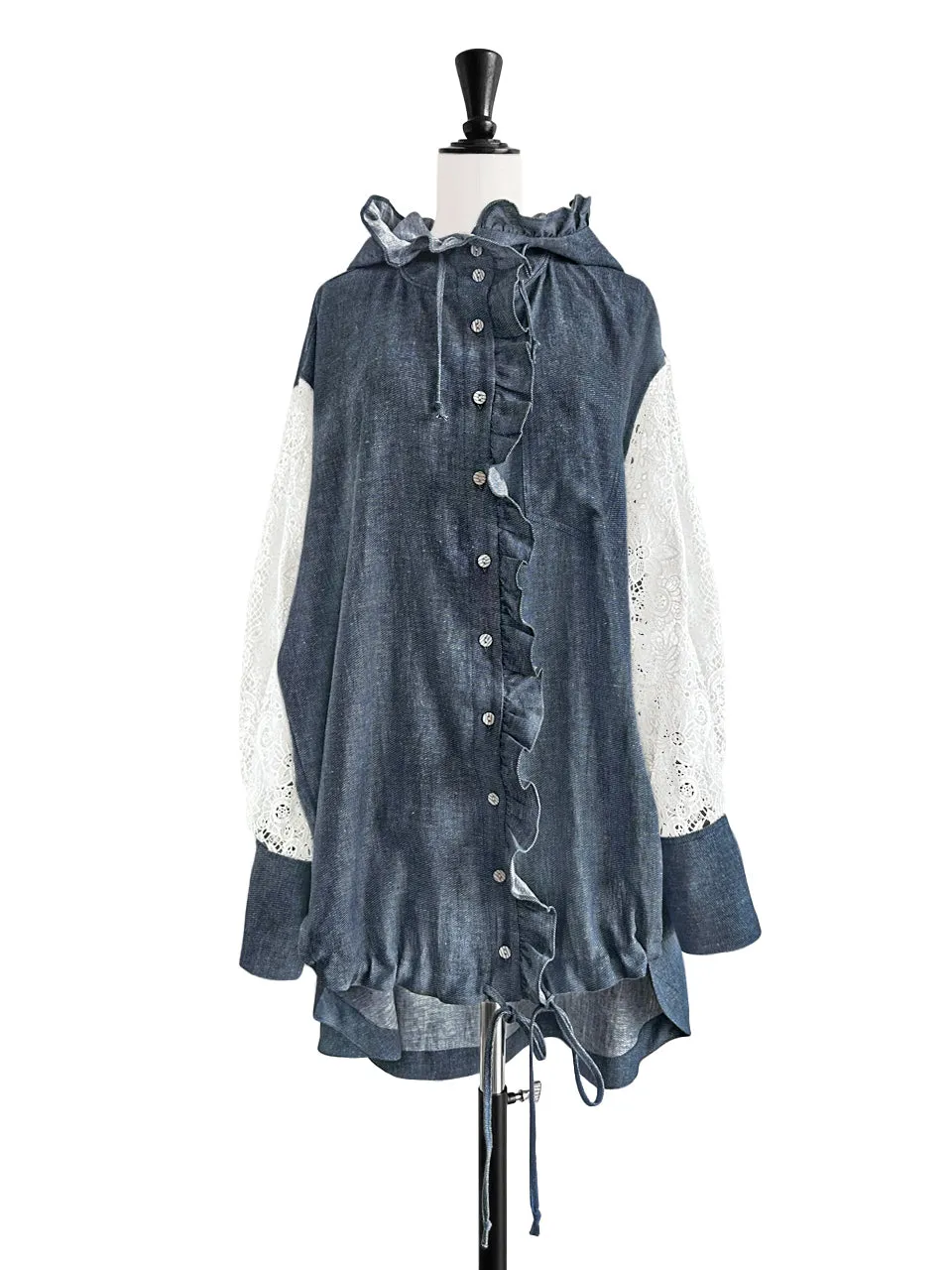 Denim Lace Sleeves Ruffle-Trimmed Parker Jacket