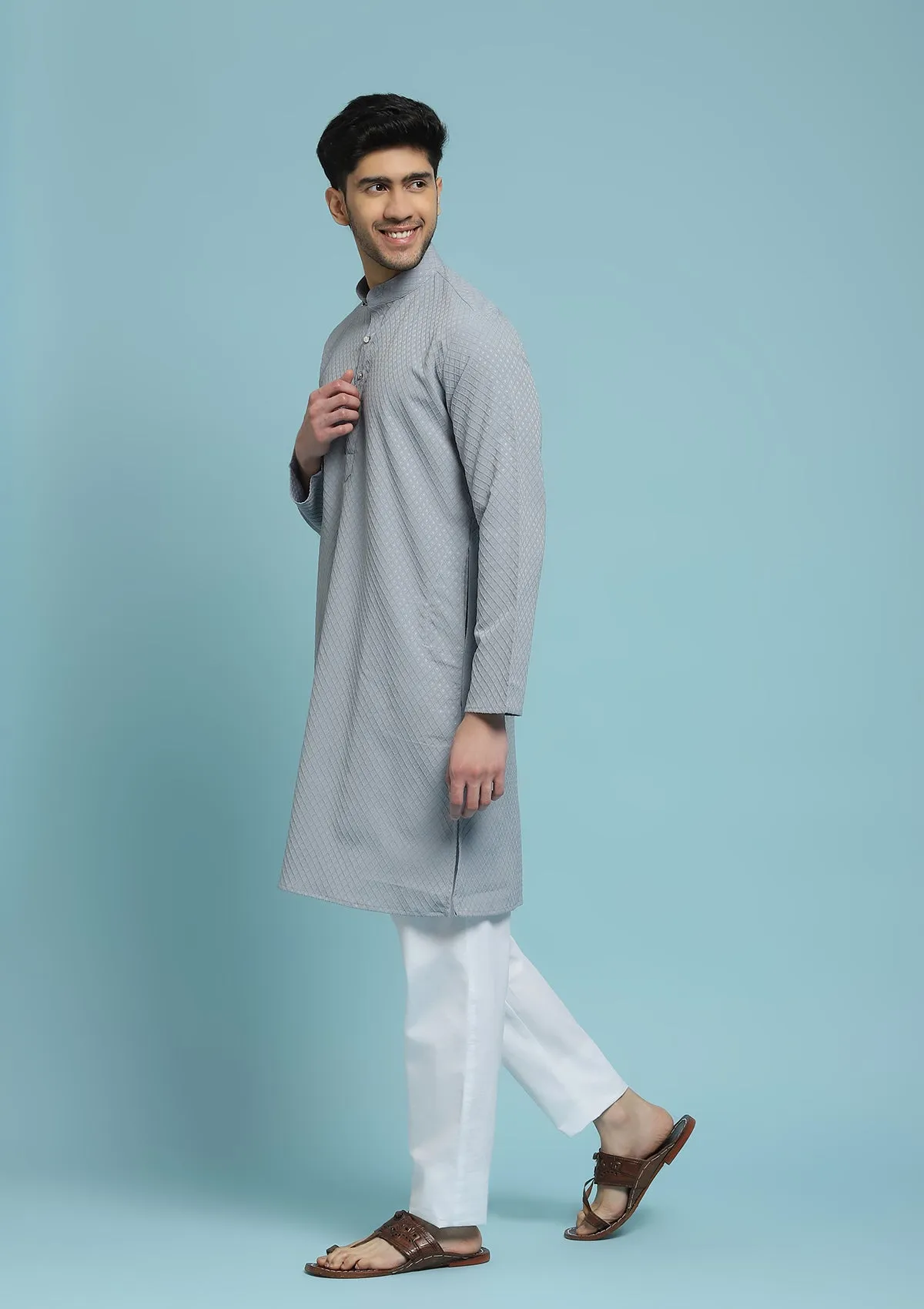 Dobby Textured Solid Men's Long Kurta - Grey