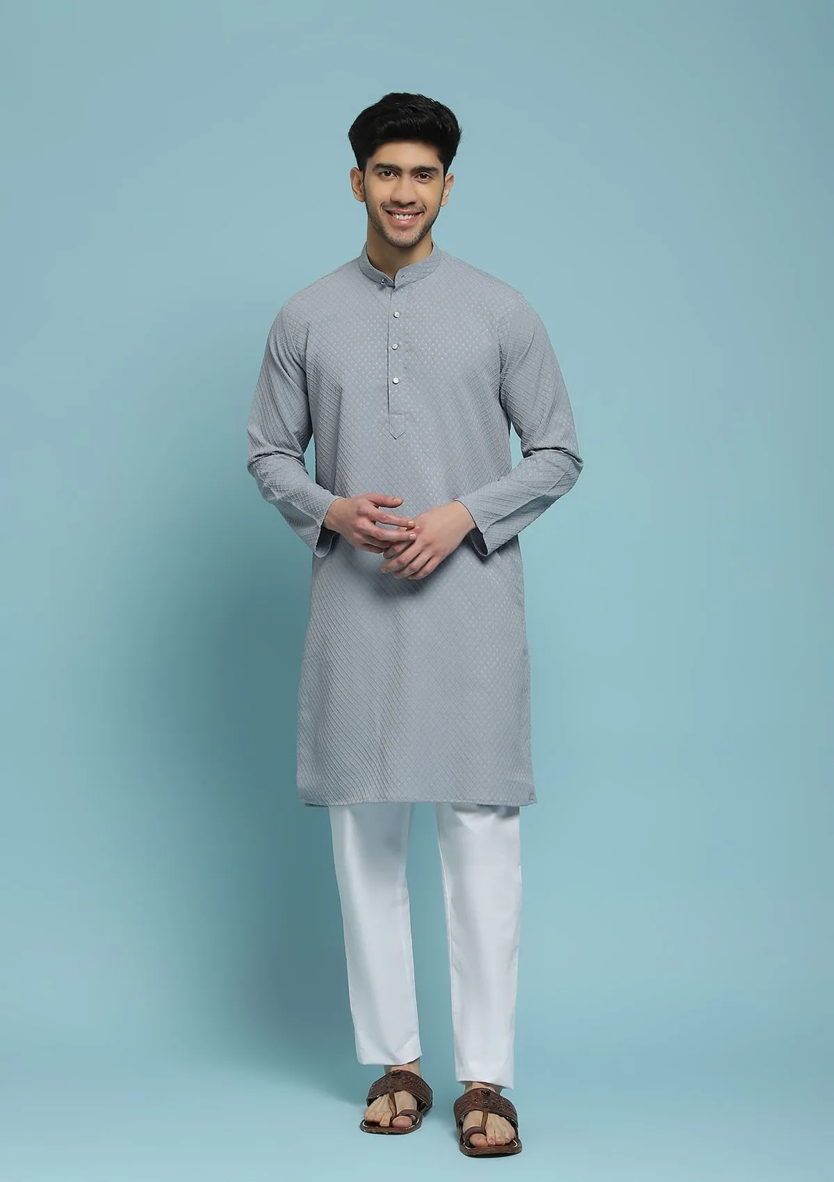 Dobby Textured Solid Men's Long Kurta - Grey