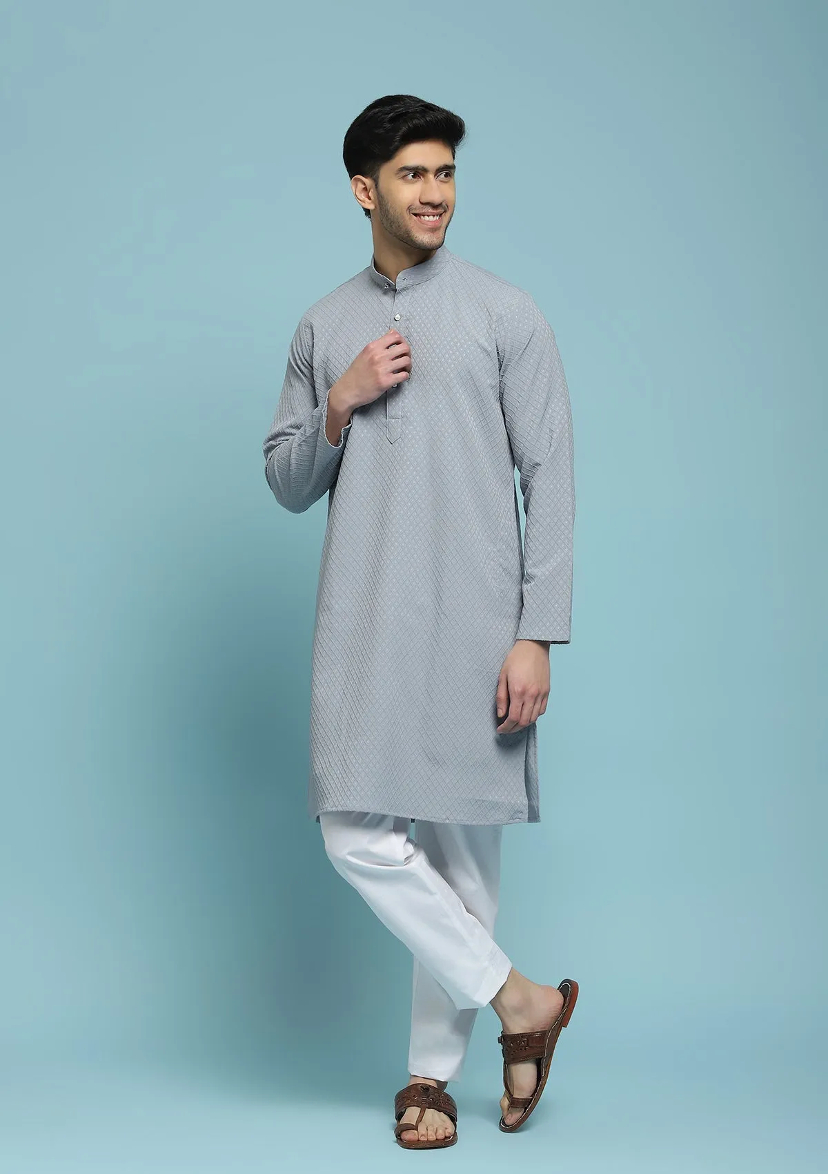 Dobby Textured Solid Men's Long Kurta - Grey