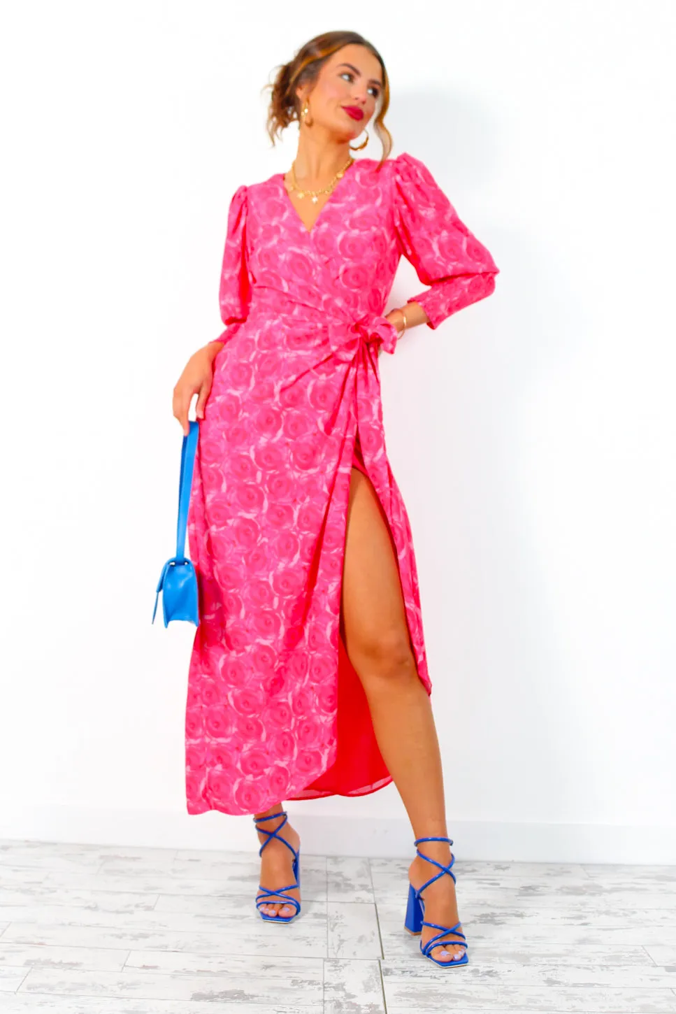 Drive Em Wild - Red Pink Watercolour Rose Midi Wrap Dress