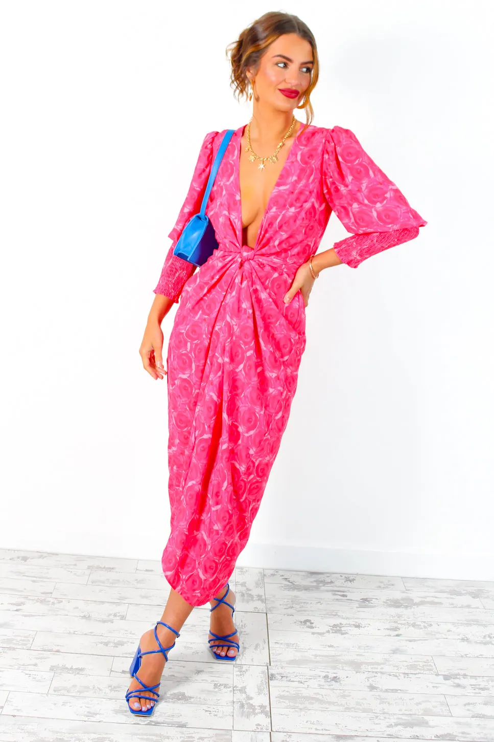 Drive Em Wild - Red Pink Watercolour Rose Midi Wrap Dress