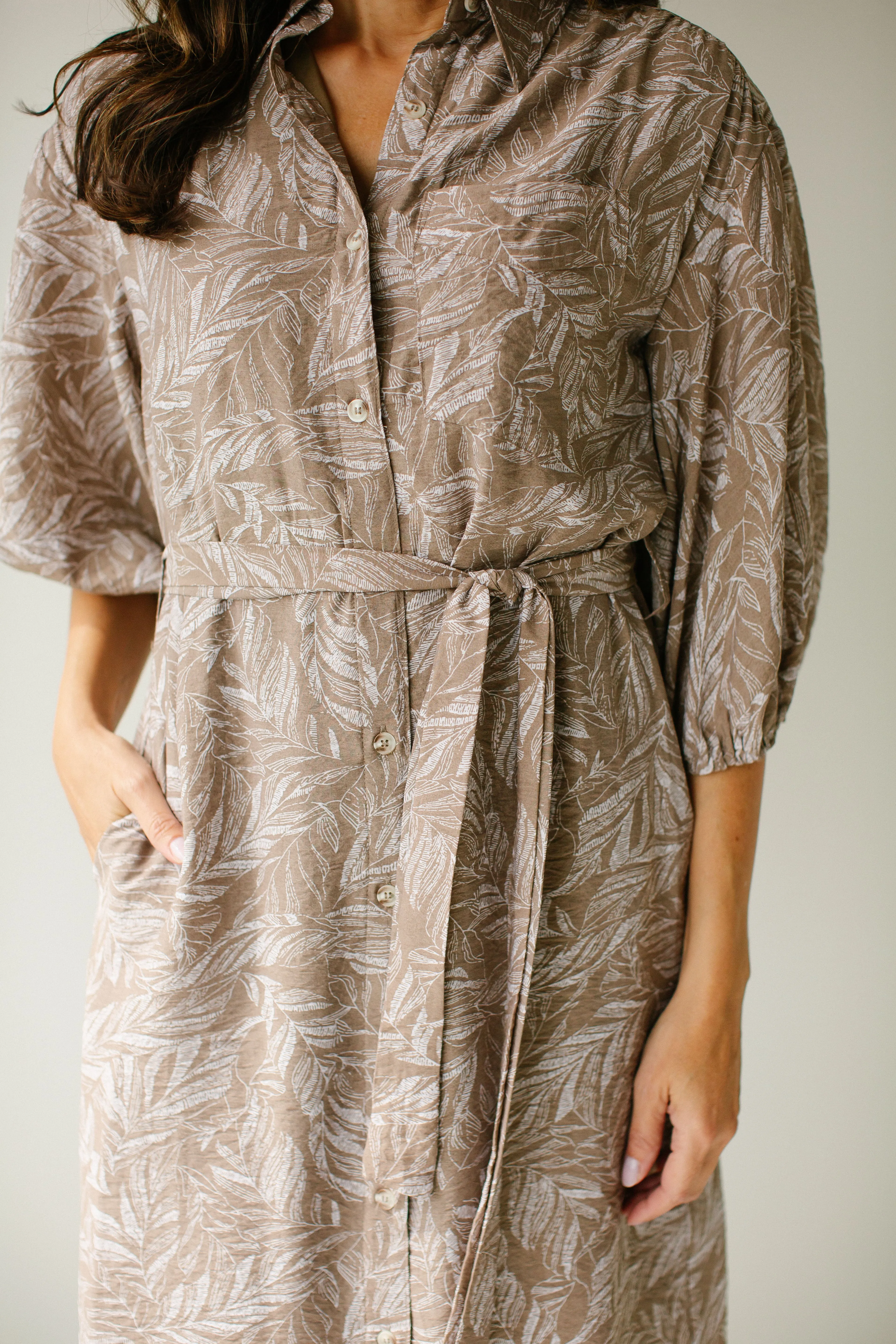 'Edith' Leaf Print Tie Waist Shirtdress in Light Mocha