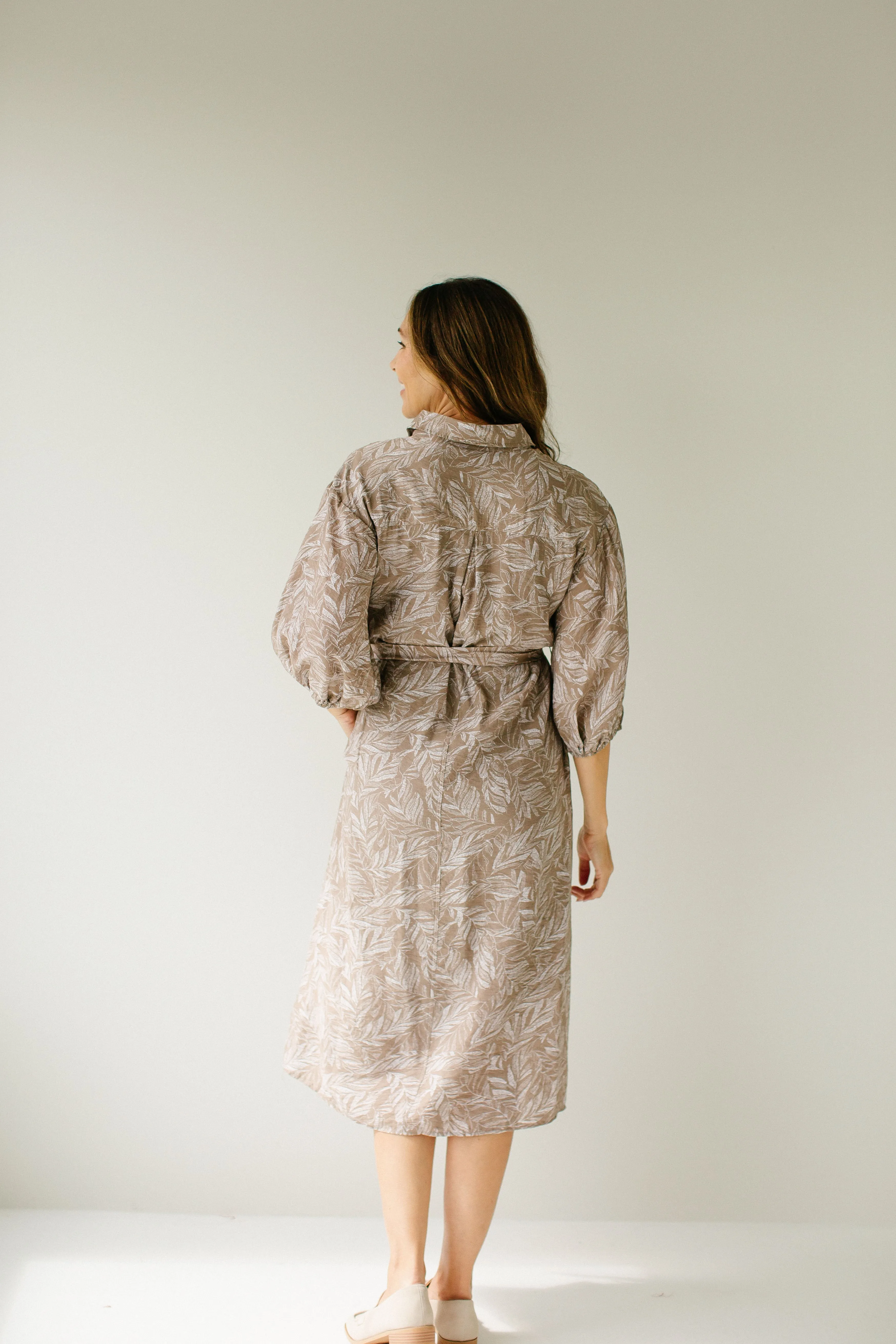 'Edith' Leaf Print Tie Waist Shirtdress in Light Mocha