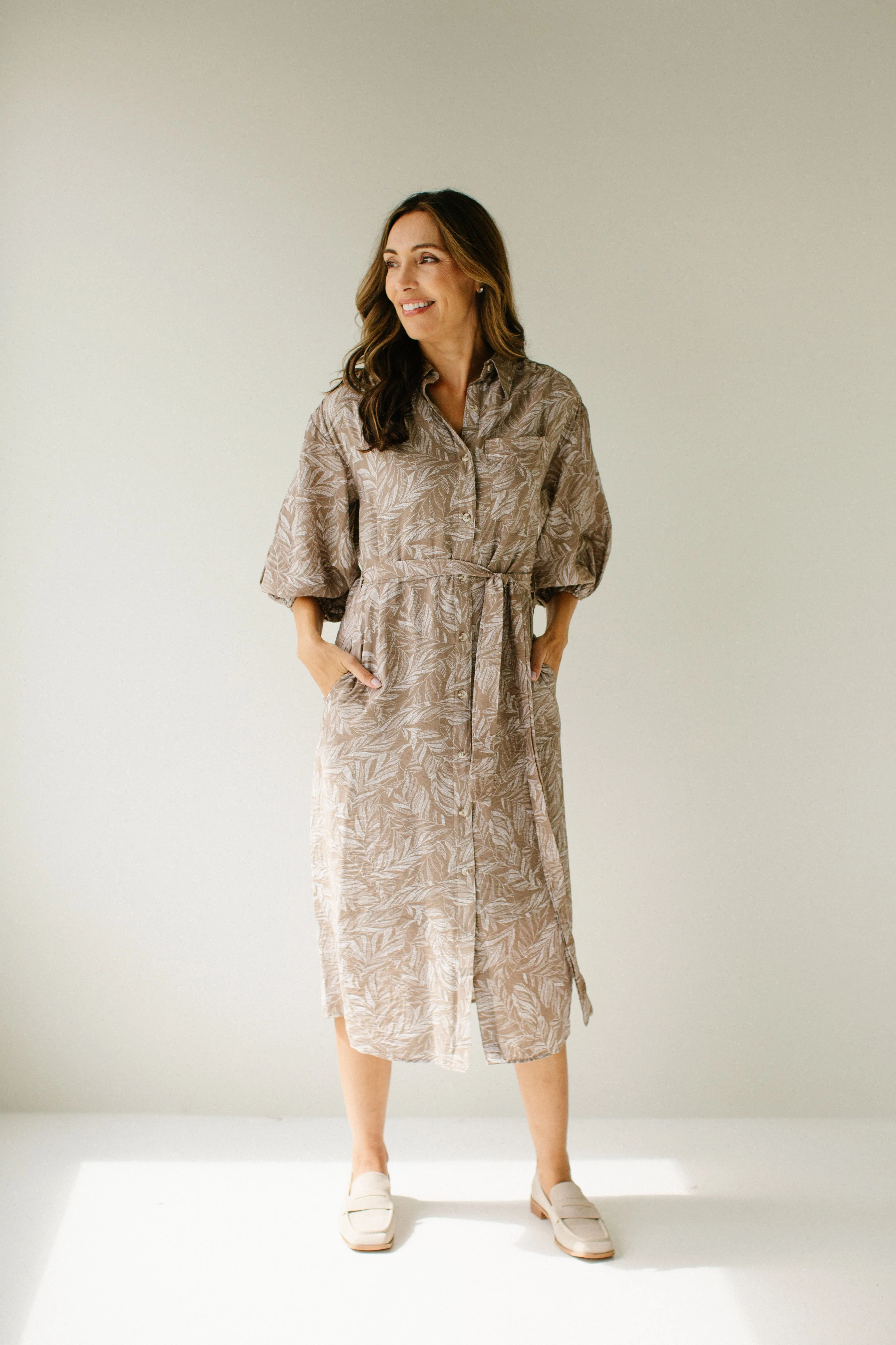 'Edith' Leaf Print Tie Waist Shirtdress in Light Mocha