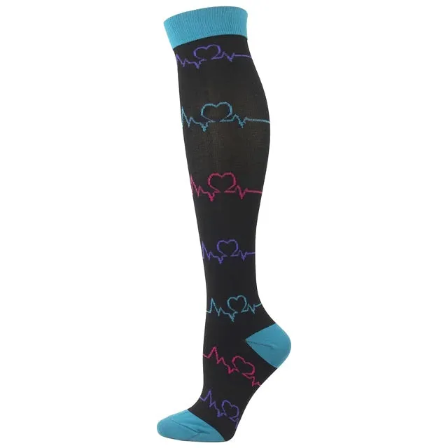 EKG Heartbeat Patterned Knee High - Black (Compression Socks)