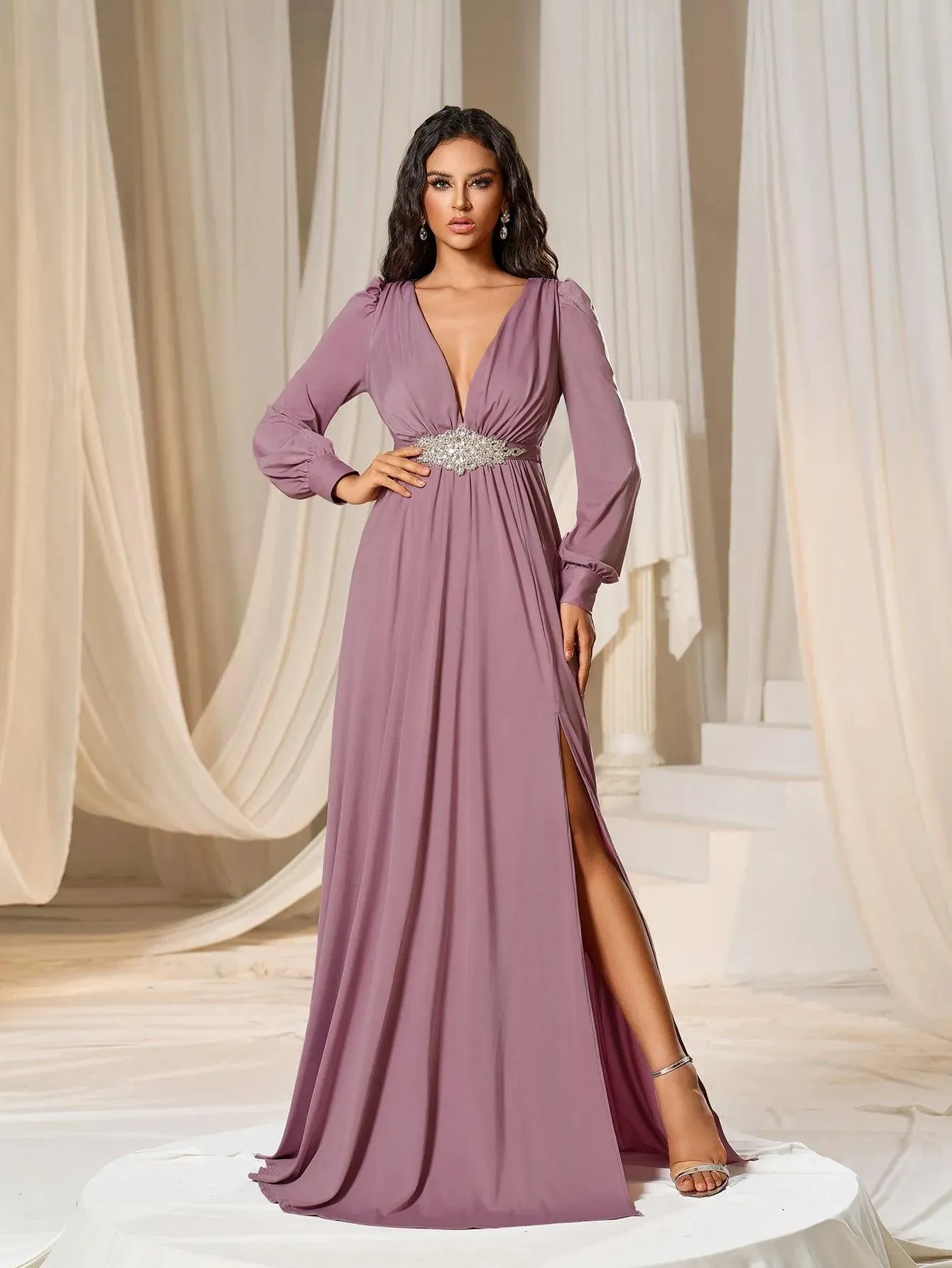 Elegant Plunging Neck Long Sleeves Slit Dresses