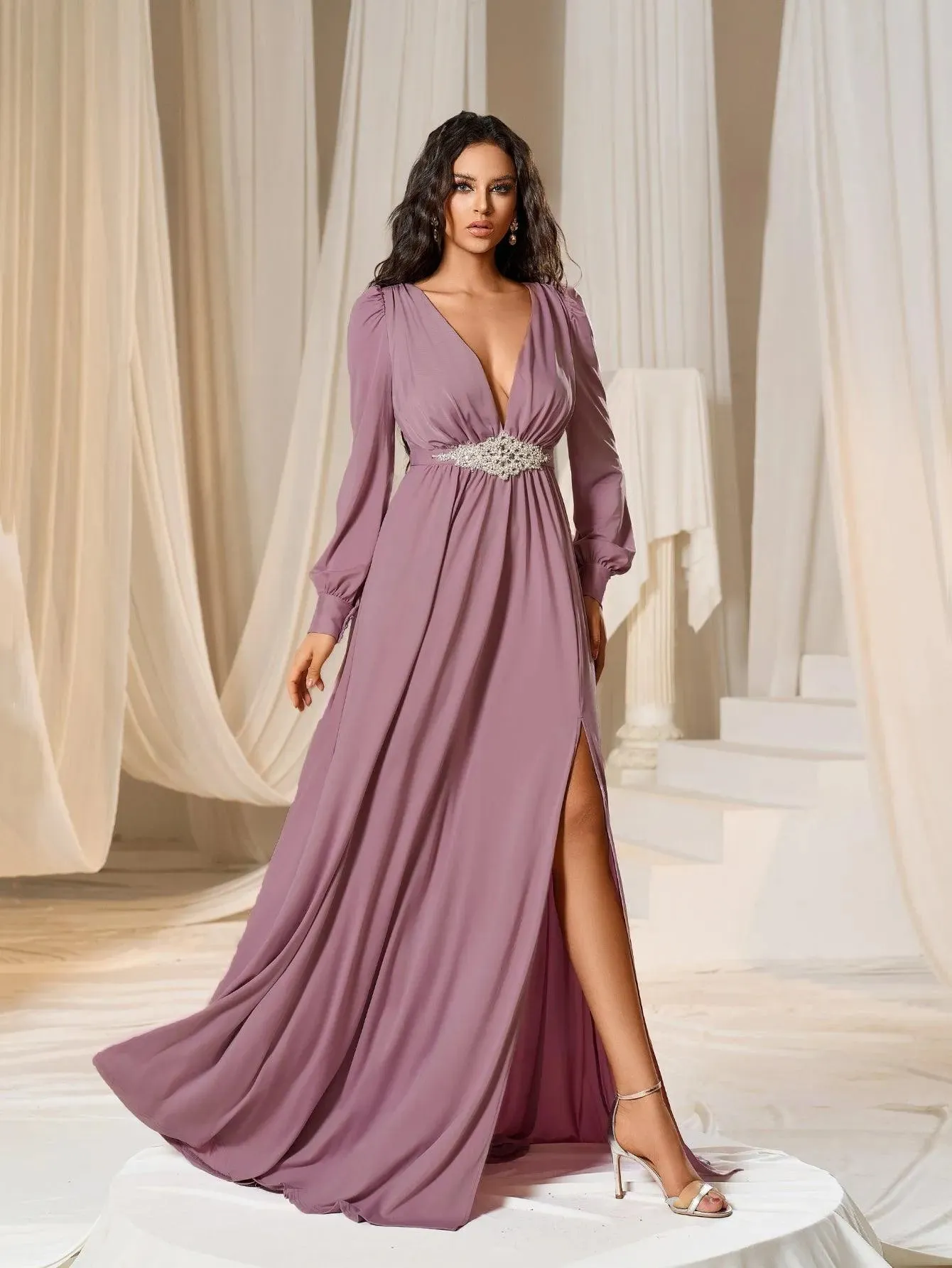 Elegant Plunging Neck Long Sleeves Slit Dresses