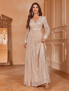 Elegant V Neck Long Sleeves Sequin A Line Dresses