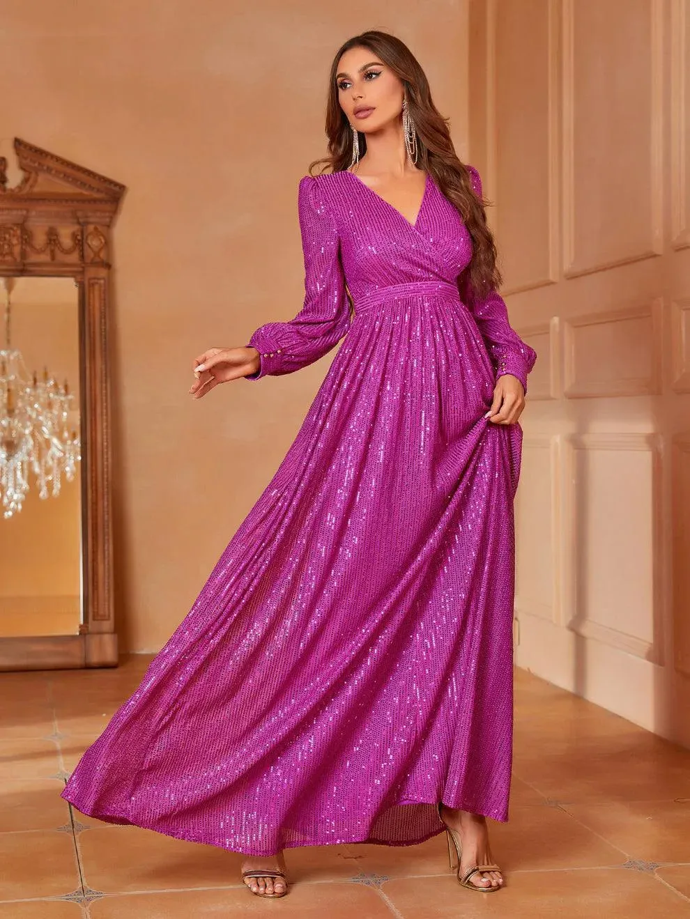 Elegant V Neck Long Sleeves Sequin A Line Dresses