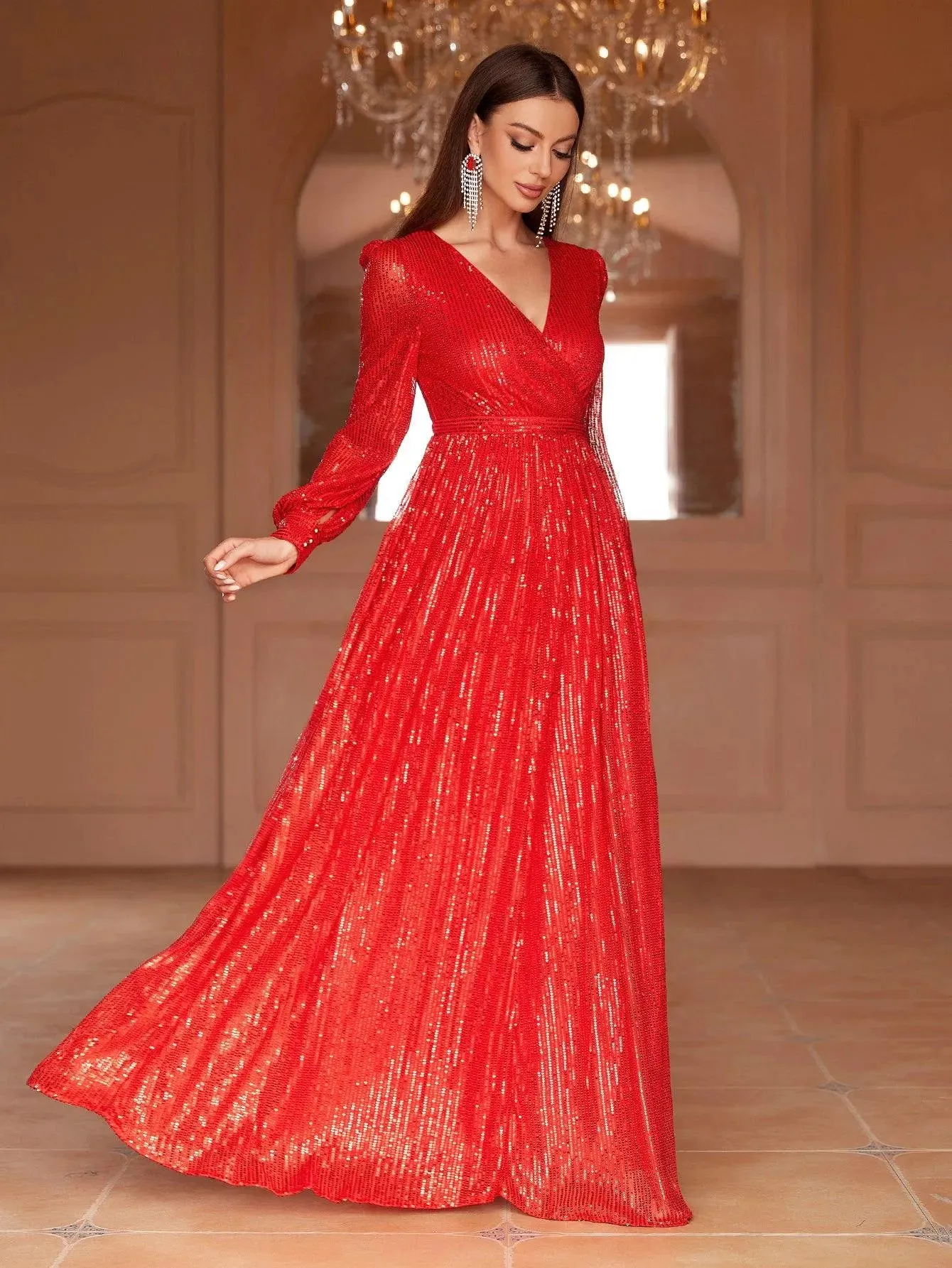 Elegant V Neck Long Sleeves Sequin A Line Dresses