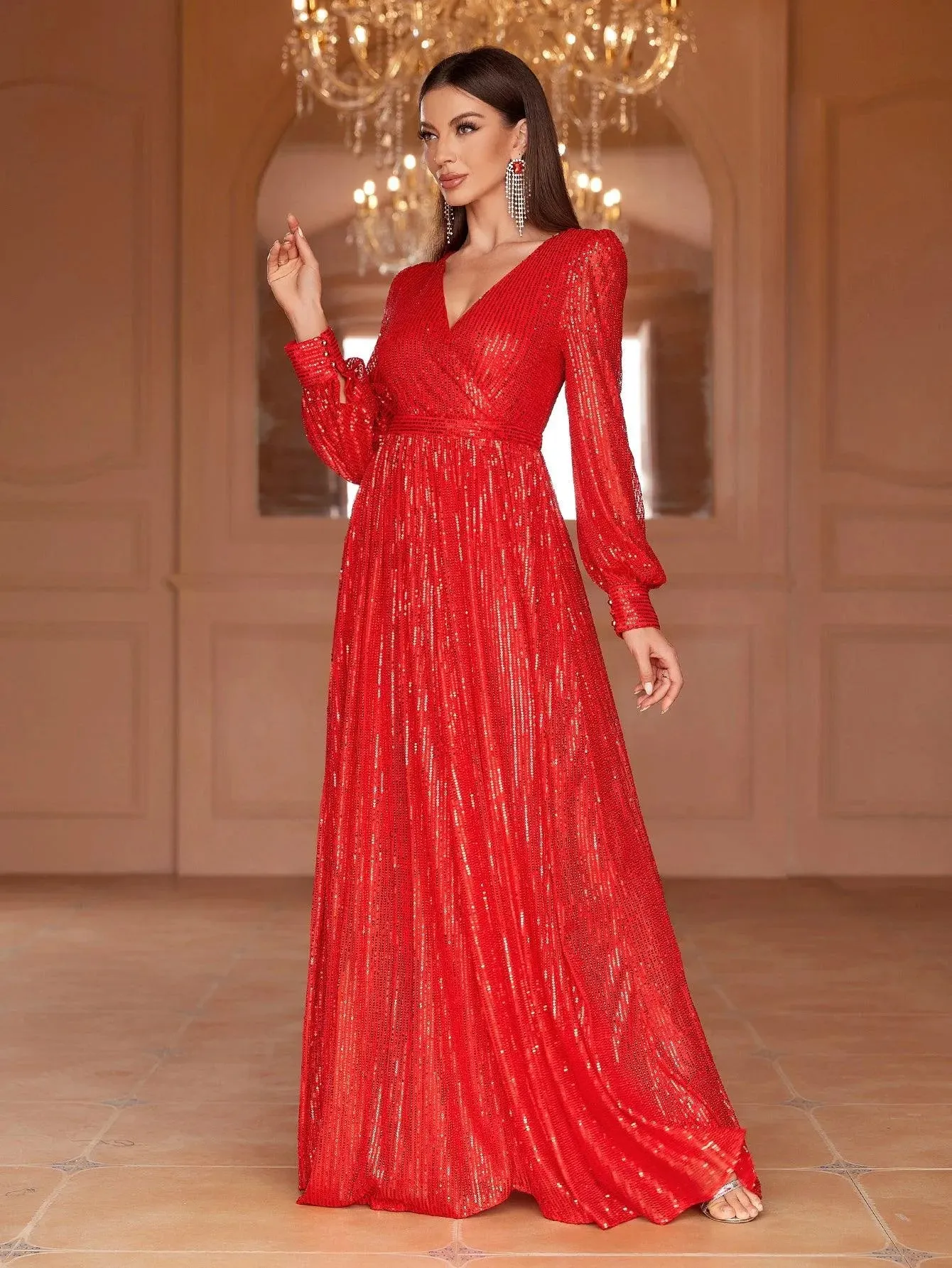 Elegant V Neck Long Sleeves Sequin A Line Dresses