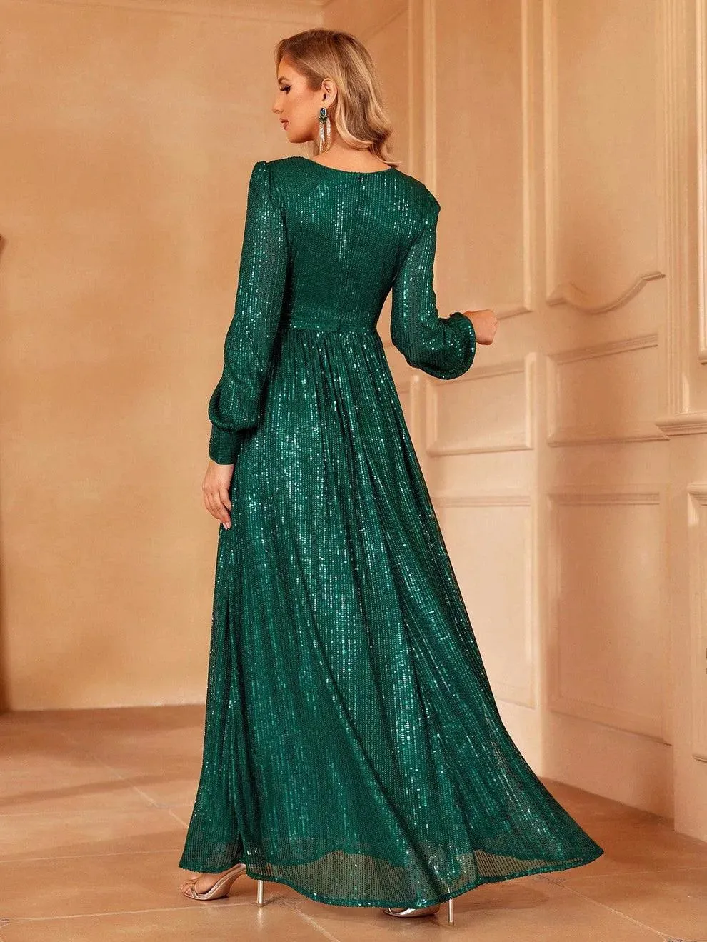 Elegant V Neck Long Sleeves Sequin A Line Dresses