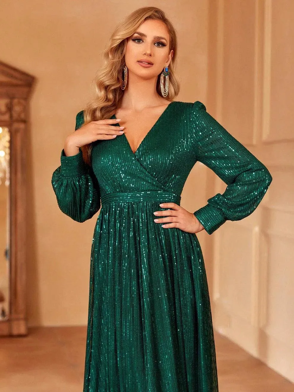 Elegant V Neck Long Sleeves Sequin A Line Dresses