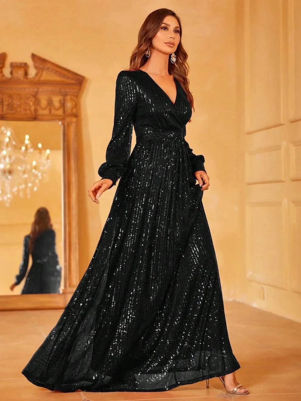 Elegant V Neck Long Sleeves Sequin A Line Dresses