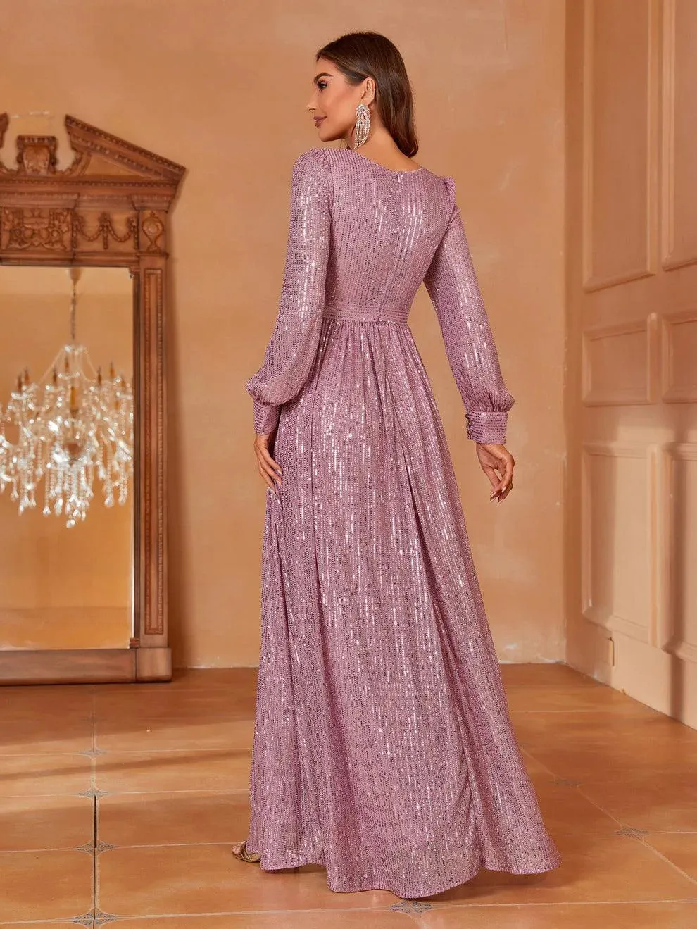 Elegant V Neck Long Sleeves Sequin A Line Dresses