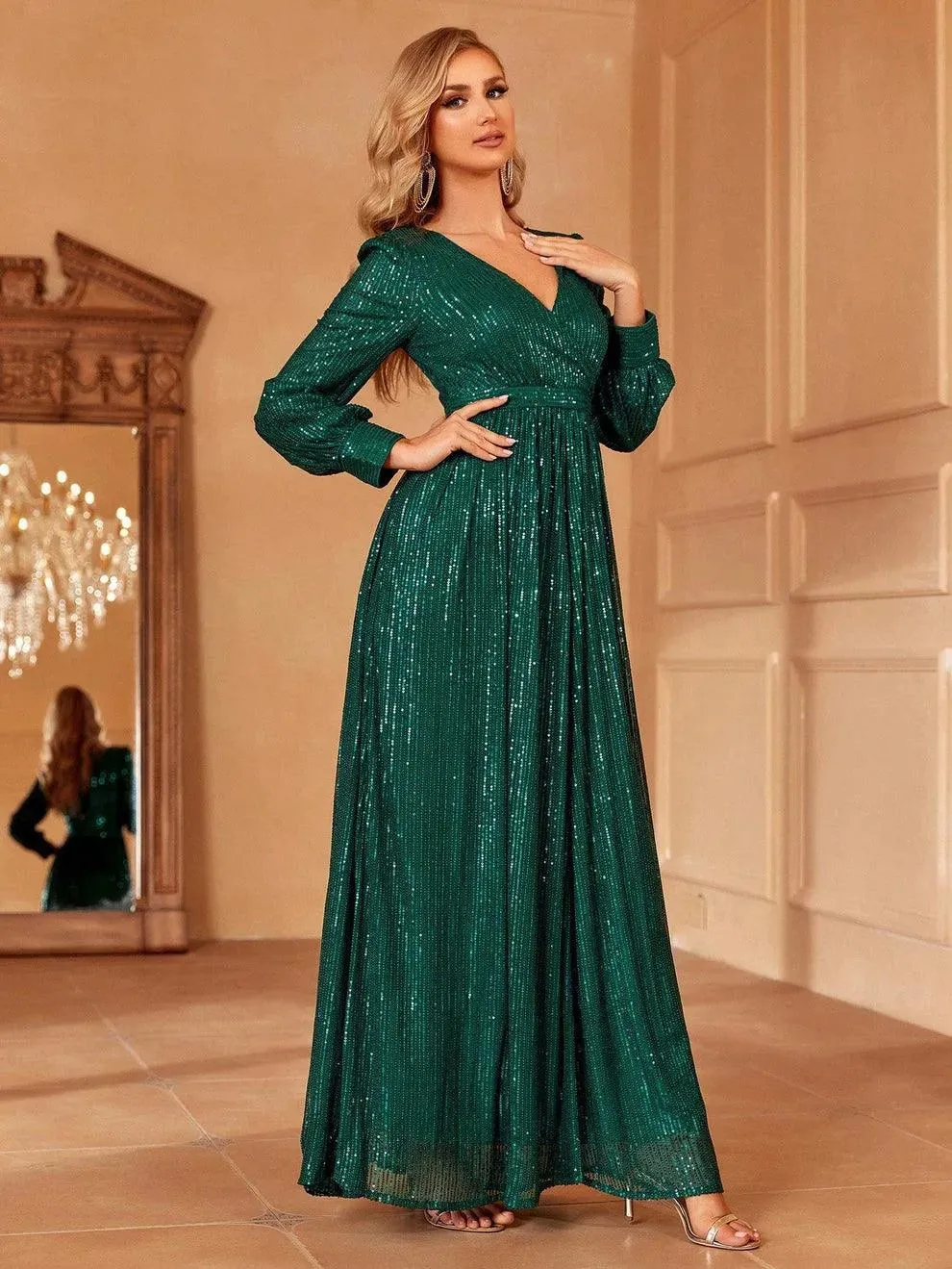 Elegant V Neck Long Sleeves Sequin A Line Dresses