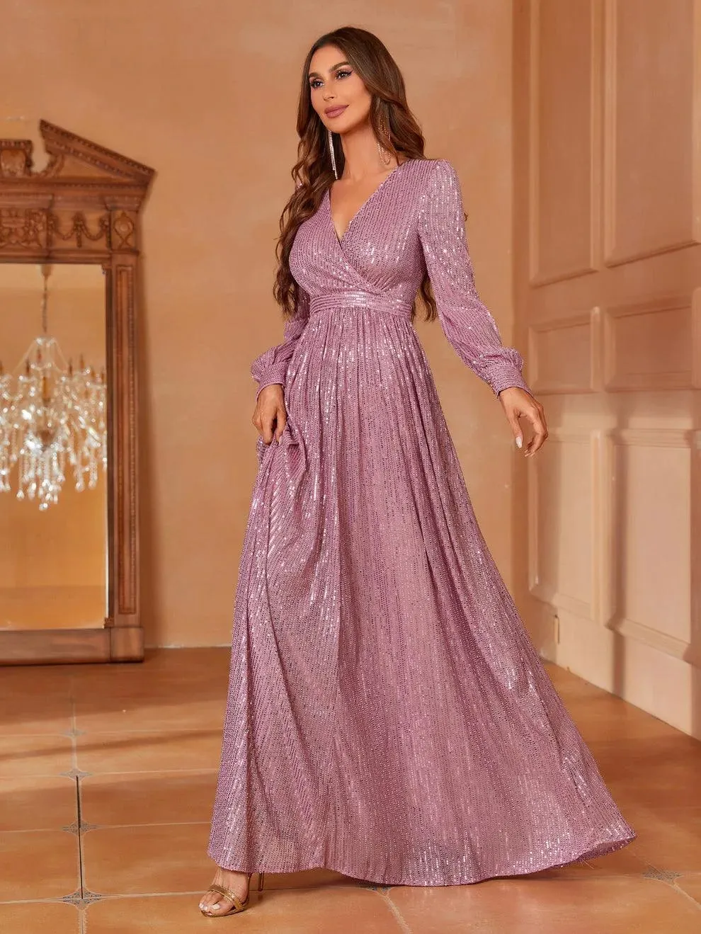 Elegant V Neck Long Sleeves Sequin A Line Dresses