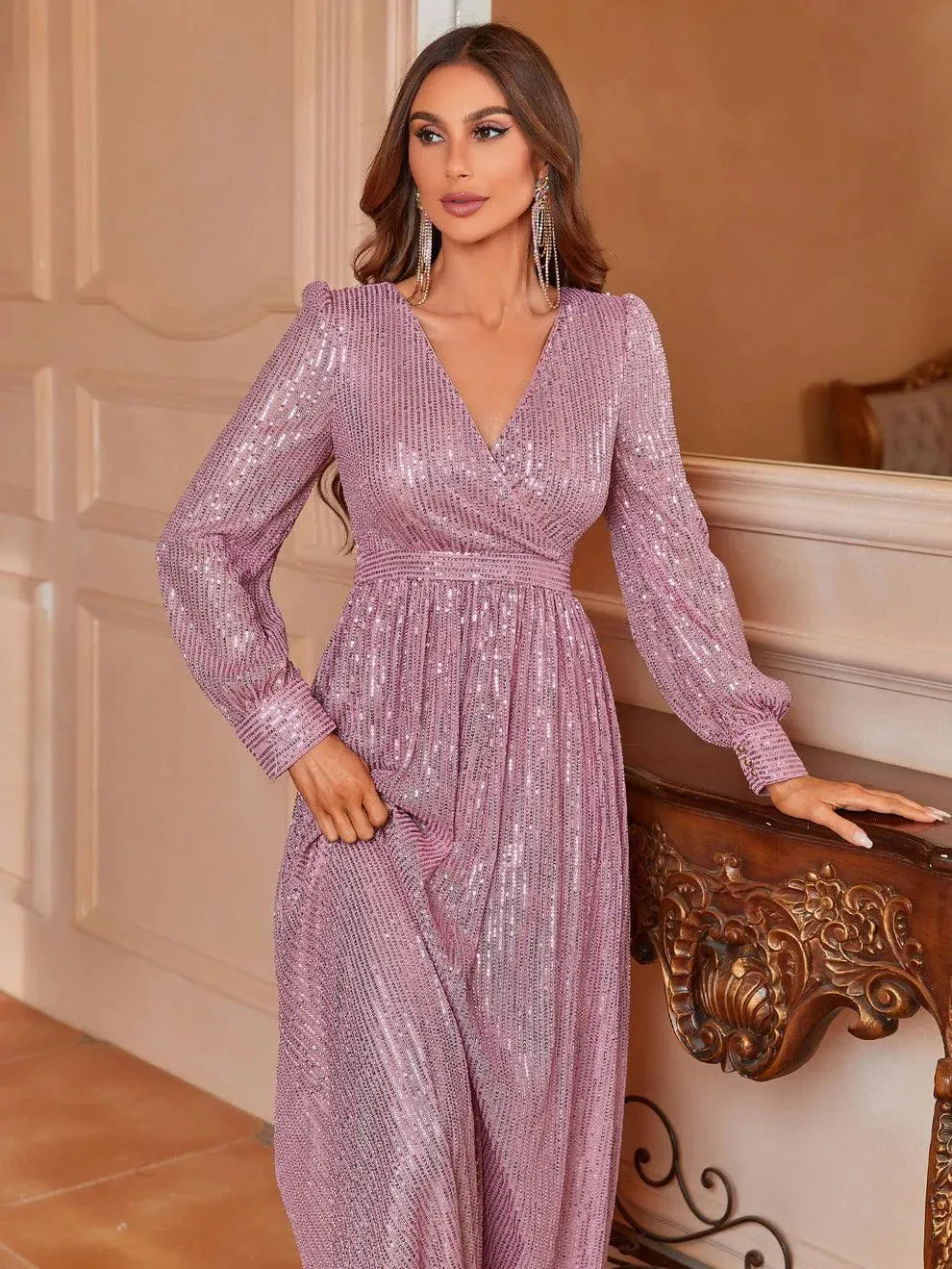 Elegant V Neck Long Sleeves Sequin A Line Dresses