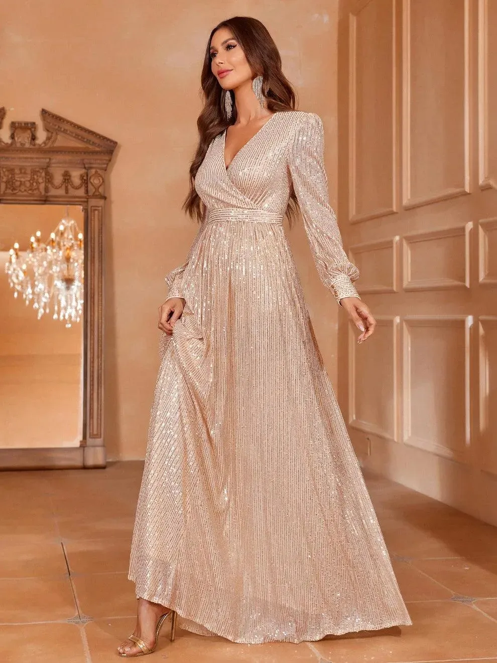 Elegant V Neck Long Sleeves Sequin A Line Dresses