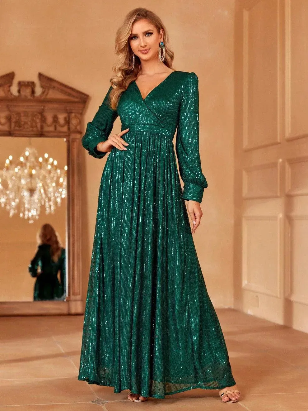 Elegant V Neck Long Sleeves Sequin A Line Dresses