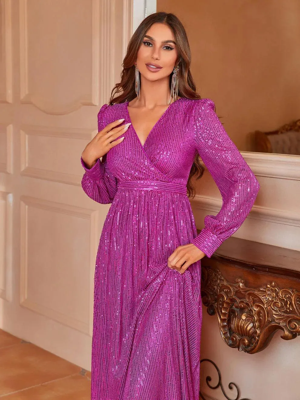 Elegant V Neck Long Sleeves Sequin A Line Dresses