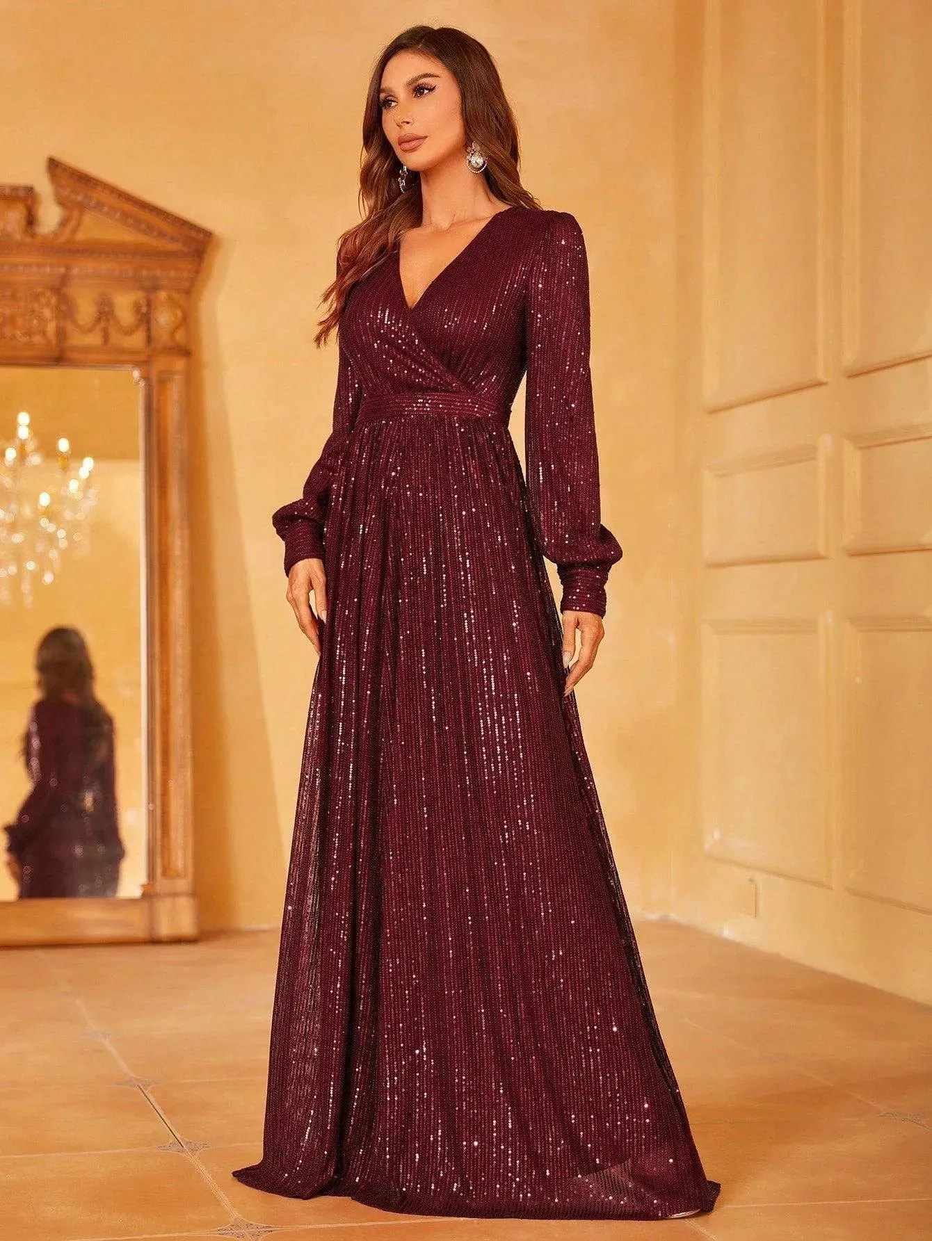 Elegant V Neck Long Sleeves Sequin A Line Dresses