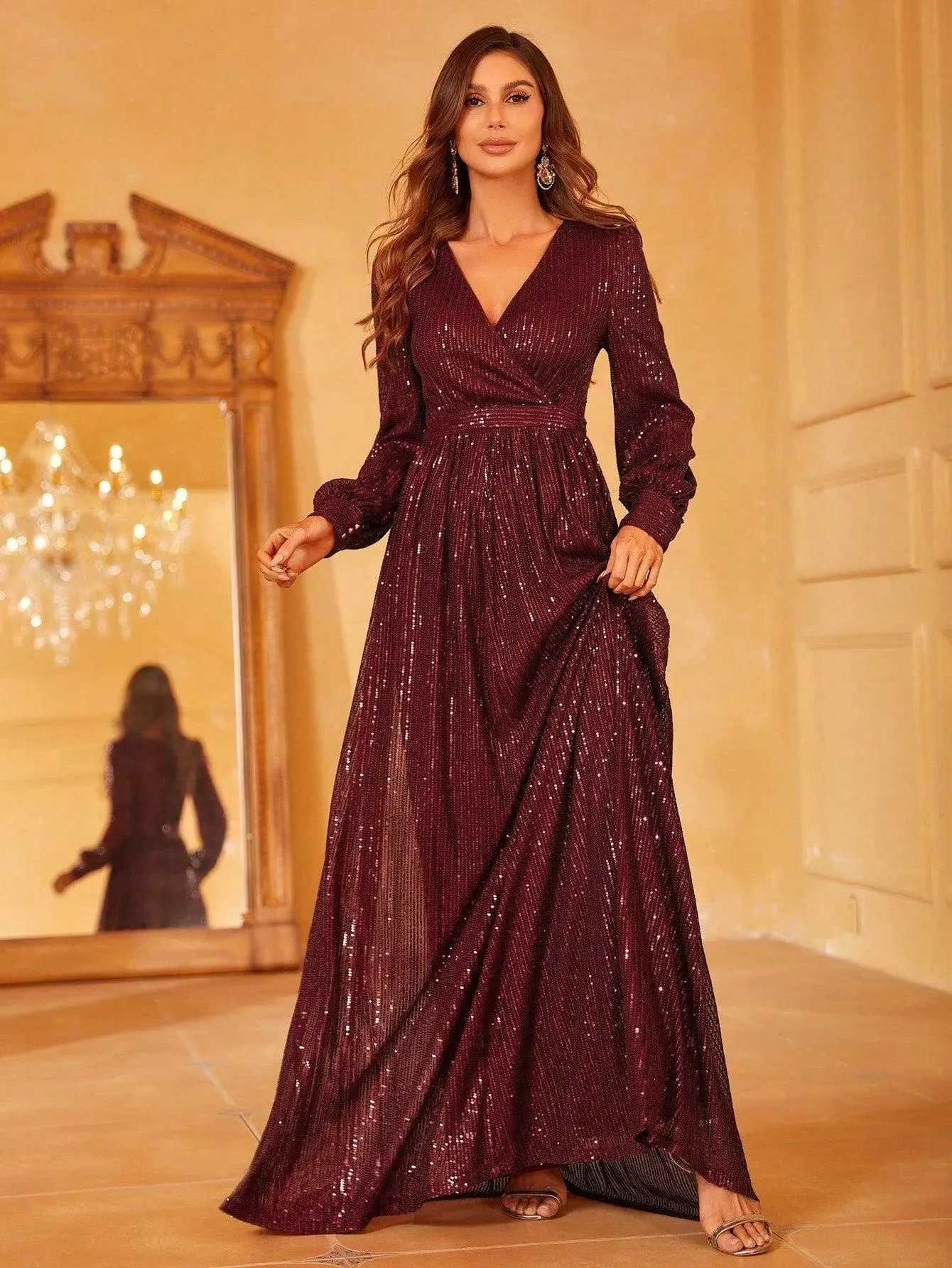 Elegant V Neck Long Sleeves Sequin A Line Dresses