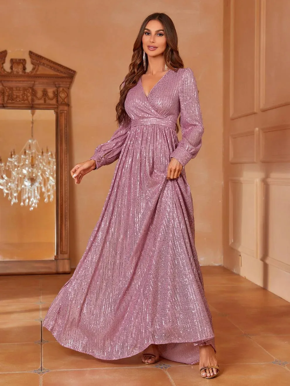 Elegant V Neck Long Sleeves Sequin A Line Dresses