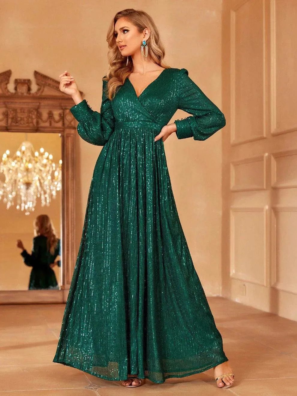 Elegant V Neck Long Sleeves Sequin A Line Dresses