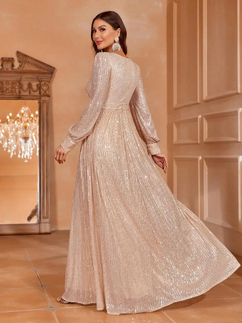 Elegant V Neck Long Sleeves Sequin A Line Dresses