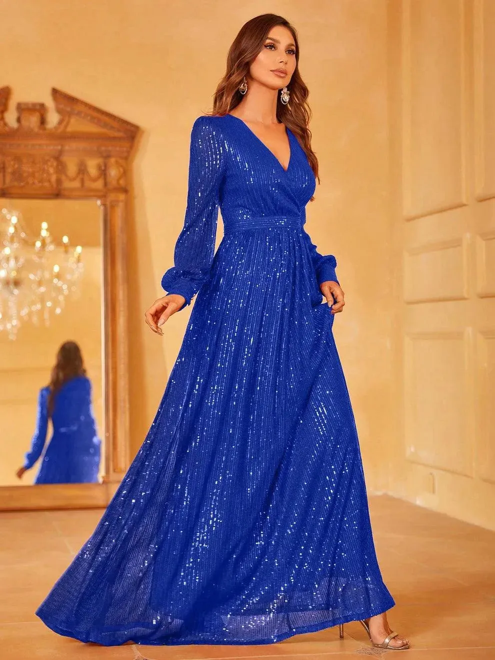 Elegant V Neck Long Sleeves Sequin A Line Dresses