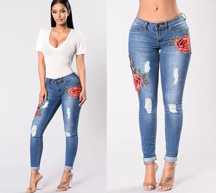 European and American embroidery jeans stretch jeans pants