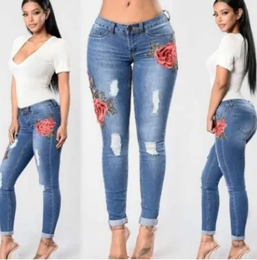 European and American embroidery jeans stretch jeans pants