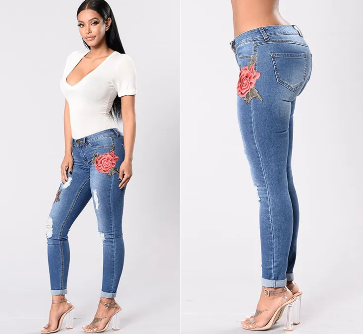 European and American embroidery jeans stretch jeans pants