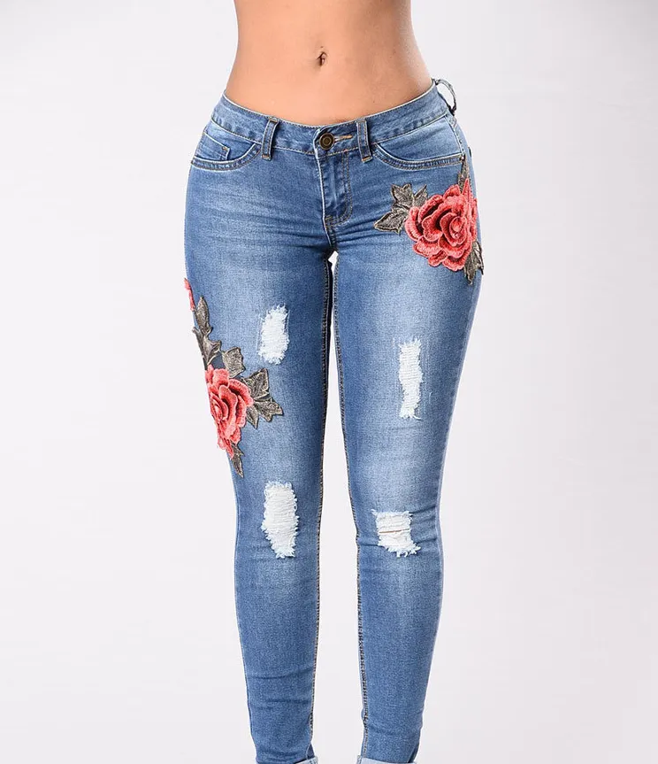 European and American embroidery jeans stretch jeans pants