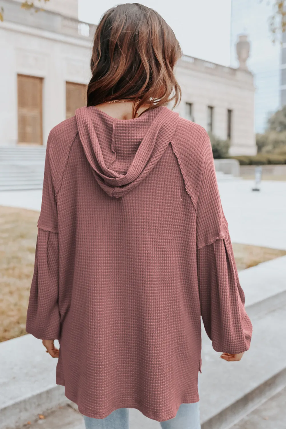 Fiery Red Waffle Knit Oversized Drop Shoulder Henley Hoodie