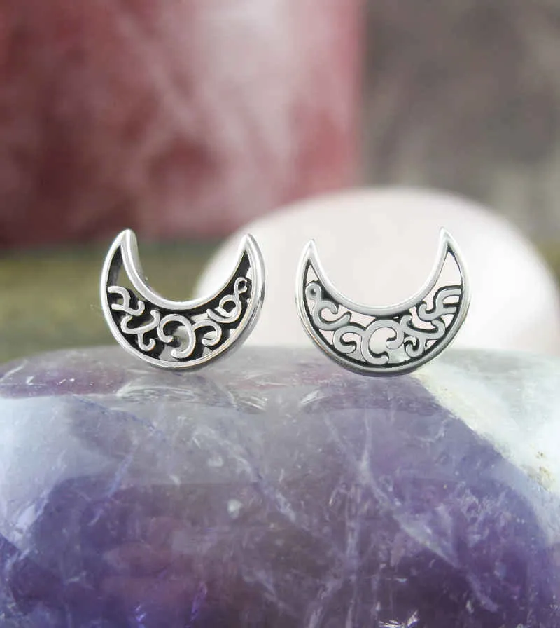 Filigree Crescent Moon Stud Earrings