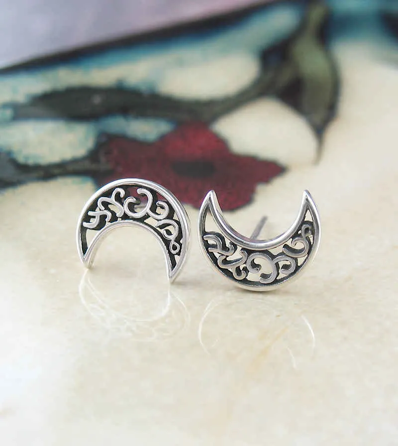 Filigree Crescent Moon Stud Earrings