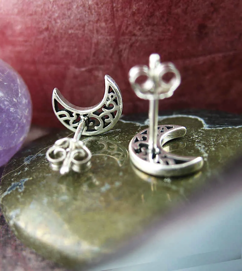 Filigree Crescent Moon Stud Earrings