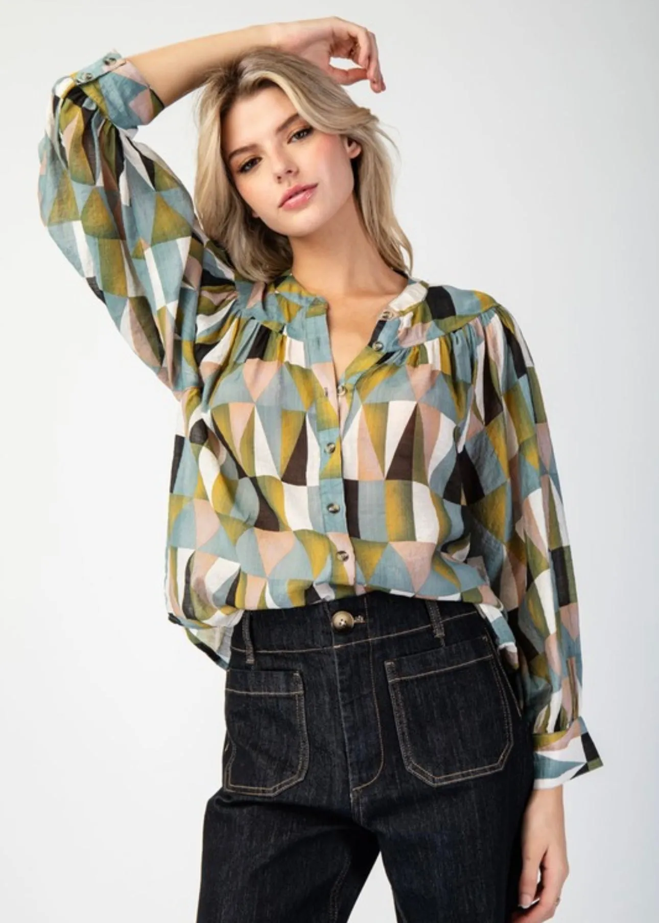 Geometric Button Down Blouse