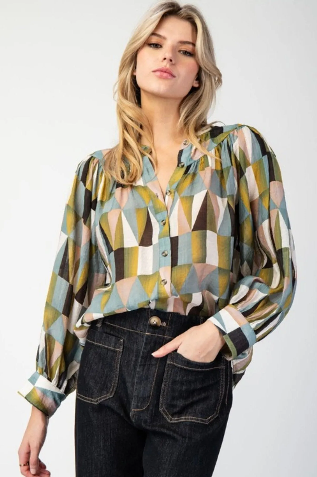 Geometric Button Down Blouse