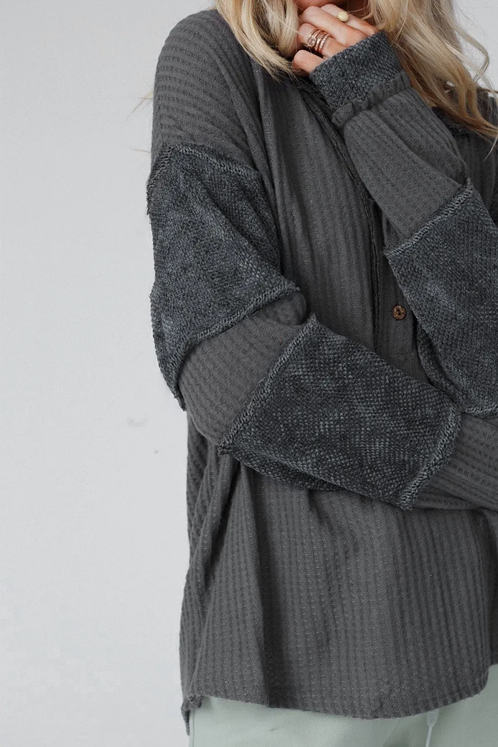 Gray Contrast Patched Exposed Seam Waffle Knit Henley Top