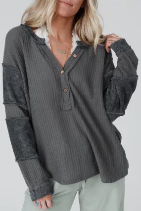 Gray Contrast Patched Exposed Seam Waffle Knit Henley Top