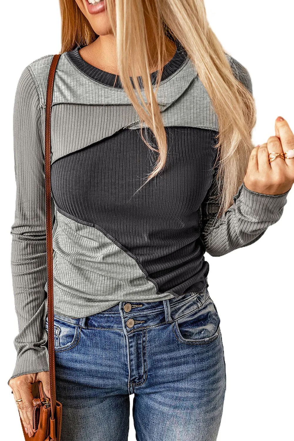 Gray Expose Seam Color Block Ribbed Knit Top