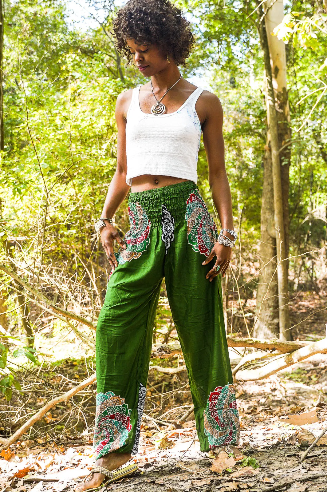 Green Enlighten Flower Harem Pants